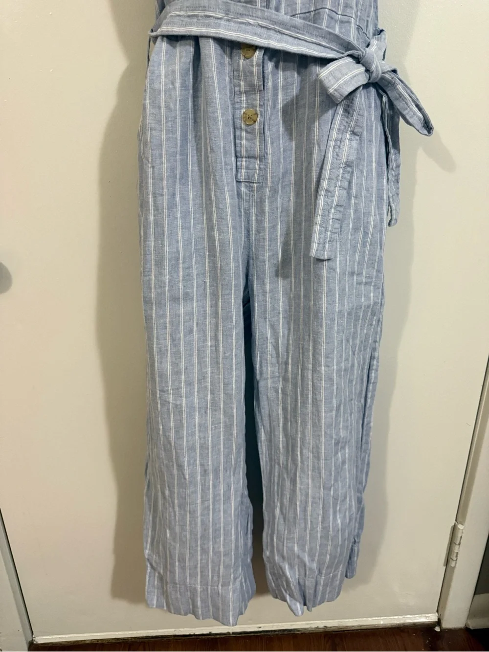 Everlane The Linen Jumpsuit Light Blue White Stripe European Linen Size 6